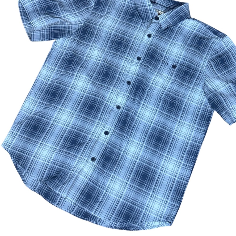 Orvis Button Down Mens Medium Blue Plaid Short Sleeve Performance Hiking Shirt